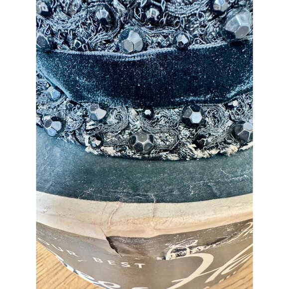 Vintage Gwen Pennington Black Beaded Pillbox Hat w/Bee Hats Box - Picture 9 of 16